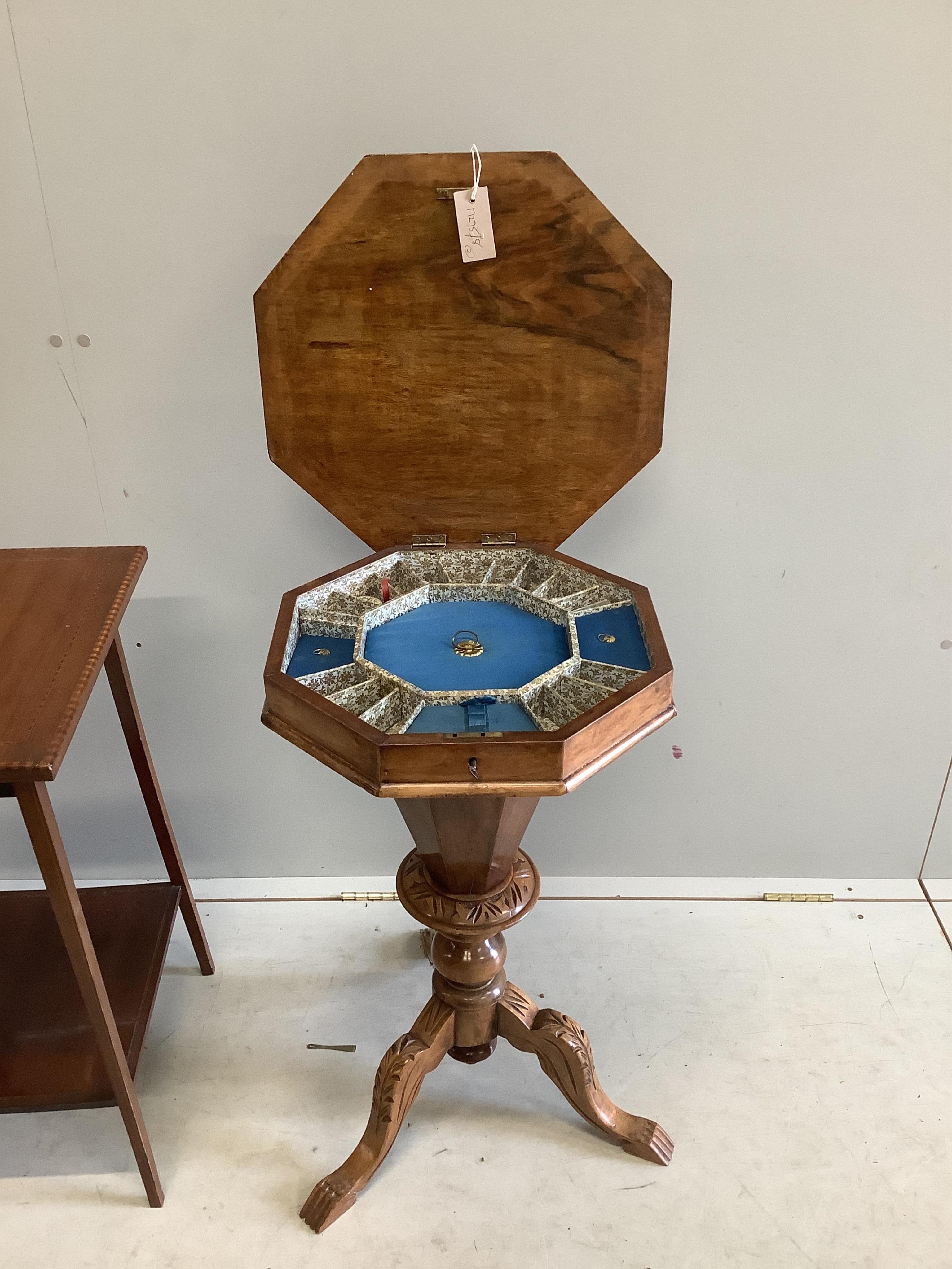 A Victorian marquetry inlaid rosewood trumpet work table, height 74cm, together with an Edwardian banded and inlaid mahogany two tier occasional table. Condition - poor to fair